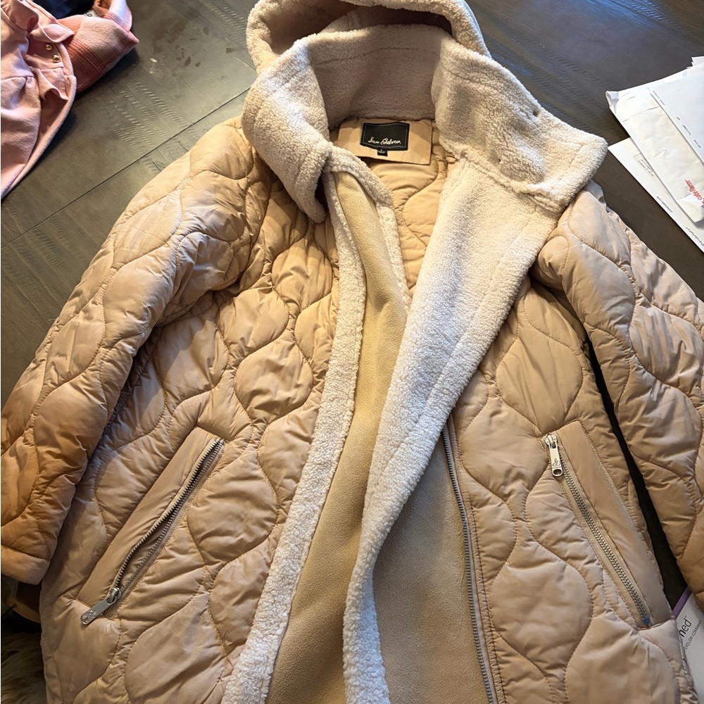 Sam Edelman Beige Quilted Puffer Coat with Shearling Lining